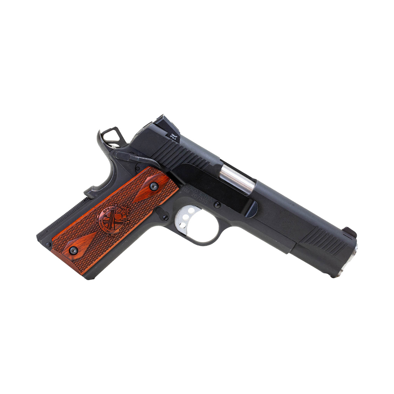 Cocobolo kabzalı tam boy bir Springfield Armory 1911'in gövdesi boyunca uzanan, siyah çelikten sağ taraf Techna Clip gizli taşıma kemer klipsi