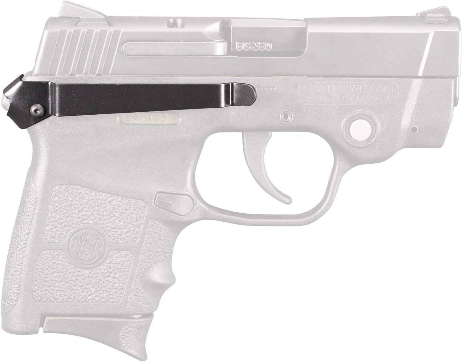 Smith & Wesson Bodyguard .380 tabancanın gövdesi boyunca takılmış siyah yay çeliğinden Techna Clip silah kemer klipsi; klips öne çıksın diye tabanca soluk gösterilmiştir