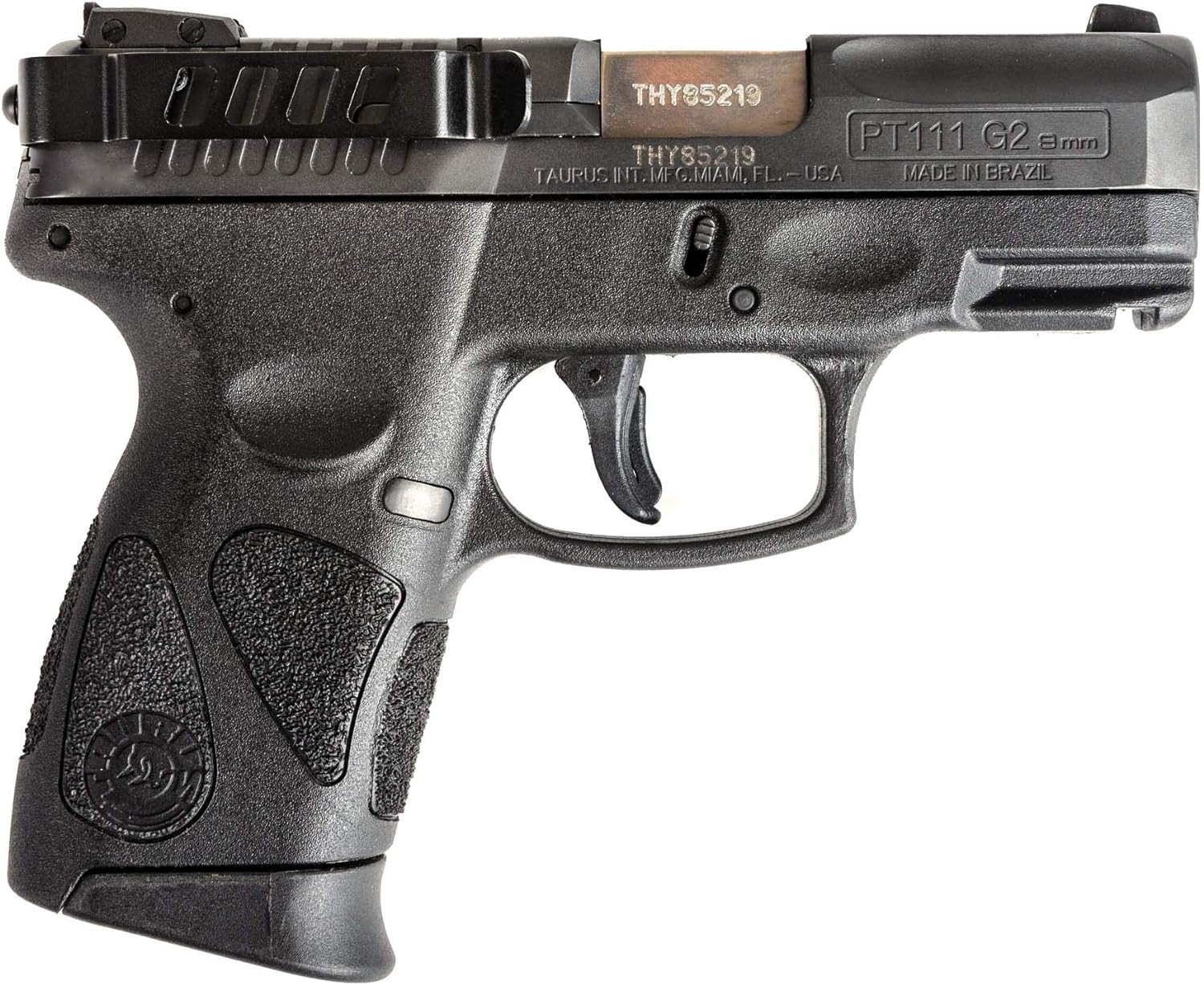 Taurus PT111 G2 9 mm tabancanın sürgüsü boyunca takılmış, delikli siyah çelikten çift taraflı Techna Clip gizli taşıma kemer klipsi