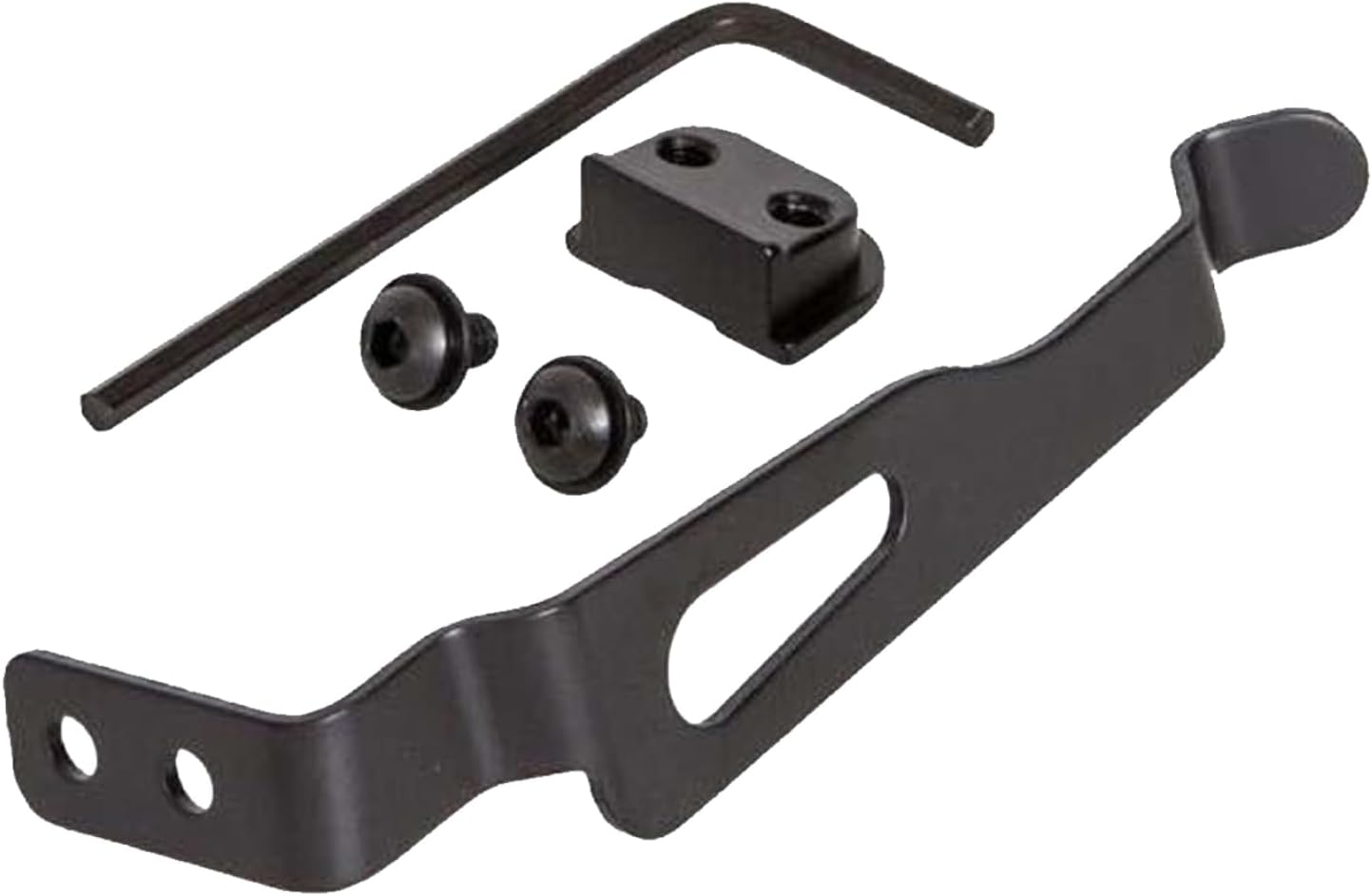 Diamondback DB9 ve DB380 tabancalar için Techna Clip gizleme sistemi kiti: siyah yay çeliği kol, bağlantı bloğu, iki vida ve beyaz zemin üzerinde bir alyan anahtarı